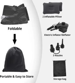 Opblaasbaar Matras Voor In De Auto, Opblaasbaar Bed, Opvouwbaar, Comfortabele Autostoel, Automatras Met Elektrische Luchtpomp En 3 Adapters, 2 Kussens En Draagtas, Voor Camping, Reizen (zwart) -Kampeeruitrusting 1093x1200