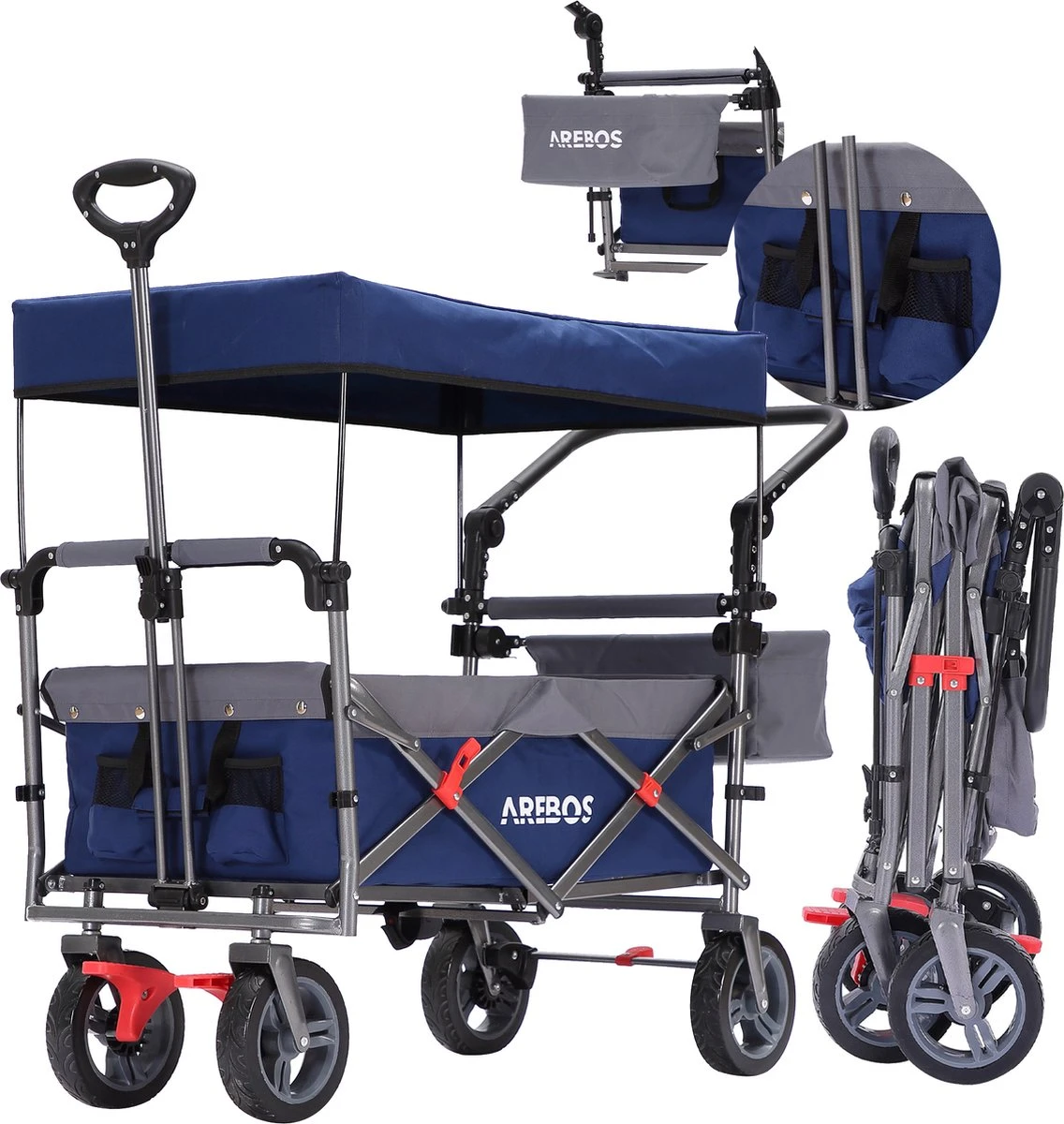 AREBOS Premium Steekwagen Met Dak Opvouwbare Tuinkar Handkar Bolderkar Blauw / Grijs 1 AREBOS Premium Steekwagen Met Dak Opvouwbare Tuinkar Handkar Bolderkar Blauw / Grijs