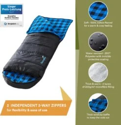 Skandika Dundee Flannel-L Slaapzak – Mummmieslaapzakken – Slaapzakken Volwassen - Maat M – Unisex - Katoen, Luxe Kwaliteit, Dubbele Slaapzak, 3 Seizoenen, Tot -20°C - 220 X 80 Cm - Outdoor Kampeerslaapzak – Ritssluiting Links - Zwart/blauw -Kampeeruitrusting 1168x1200 2