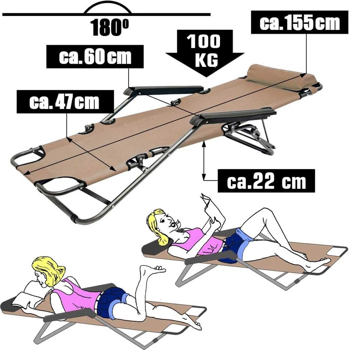 Ligstoel Opvouwbaar 155x60cm - Lichte Ligbed Relaxstoel Tuinstoel Campingstoel Strandstoel 14 Ligstoel Opvouwbaar 155x60cm - Lichte Ligbed Relaxstoel Tuinstoel Campingstoel Strandstoel - Afbeelding 14