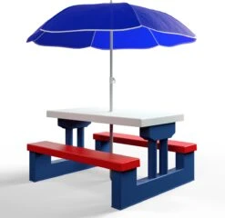Merkloos Kinder Picknicktafel Met Parasol - Blauw -Kampeeruitrusting 1200x1167 1