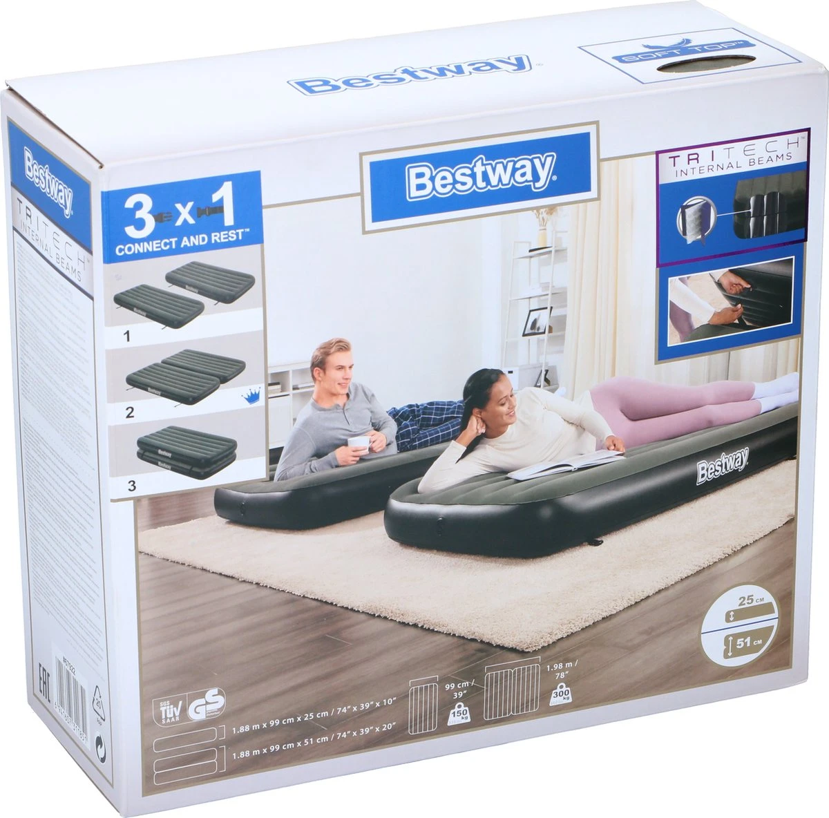 Bestway 3-in-1 Luchtbed - Connect - Zwart - 188x99cm - PVC/Polyester - Single, Double Single En Twin Opblaasbed - Tritech Materiaal - I-Beam Constructie 11 Bestway 3-in-1 Luchtbed - Connect - Zwart - 188x99cm - PVC/Polyester - Single, Double Single En Twin Opblaasbed - Tritech Materiaal - I-Beam Constructie - Afbeelding 11