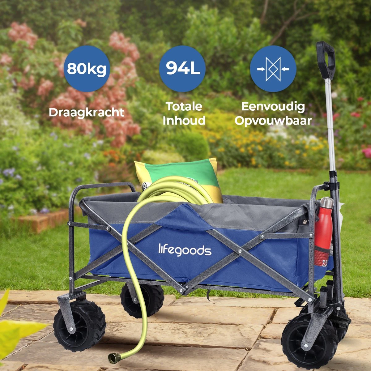 LifeGoods Bolderkar - Opvouwbaar - Tot 80KG - 94L - Wasbaar Polyester - 98x45cm - Blauw/Grijs 2 LifeGoods Bolderkar - Opvouwbaar - Tot 80KG - 94L - Wasbaar Polyester - 98x45cm - Blauw/Grijs - Afbeelding 2