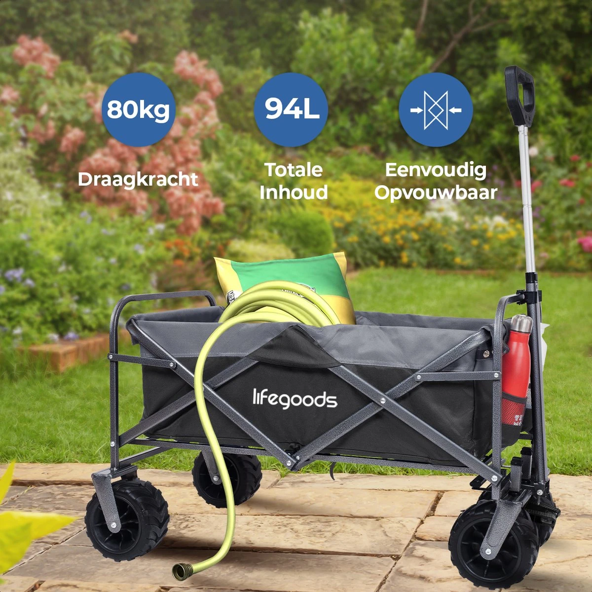 LifeGoods Bolderkar - Opvouwbaar - Tot 80KG - 94L - Wasbaar Polyester - 98x45cm - Zwart/Grijs 2 LifeGoods Bolderkar - Opvouwbaar - Tot 80KG - 94L - Wasbaar Polyester - 98x45cm - Zwart/Grijs - Afbeelding 2