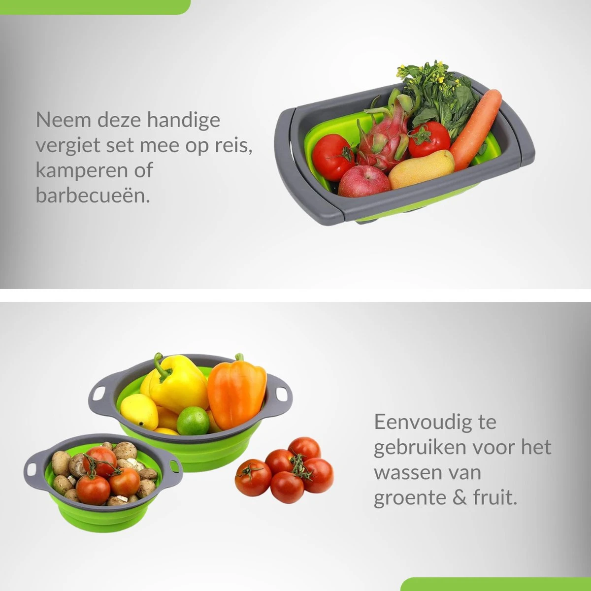 Buxibo - 3-Delige Keuken Vergiet Set Inklapbaar Groen/Grijs 6 Buxibo - 3-Delige Keuken Vergiet Set Inklapbaar Groen/Grijs - Afbeelding 6