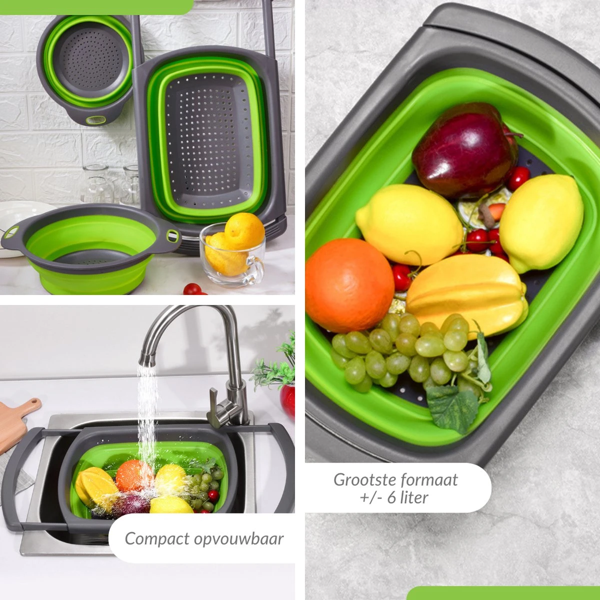 Buxibo - 3-Delige Keuken Vergiet Set Inklapbaar Groen/Grijs 8 Buxibo - 3-Delige Keuken Vergiet Set Inklapbaar Groen/Grijs - Afbeelding 8