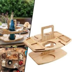 Merkloos Houten Outdoor Wijntafel Draagbare Houten Picknicktafel Mini Campingtafels Met Wijnglas Houder Voor Tuin Outdoor Camping Picknick Strand - Plataan Hout - Wijn