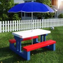 Merkloos Kinder Picknicktafel Met Parasol - Blauw -Kampeeruitrusting 1200x1200 862