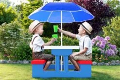 Merkloos Kinder Picknicktafel Met Parasol - Blauw -Kampeeruitrusting 1200x800 193